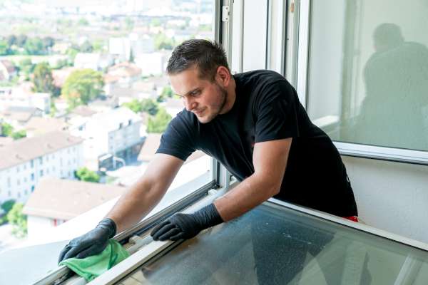 Fensterputzer reinigt Fensterrahmen